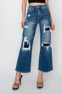 Lucy Risen High Rise Patch Detailed Wide Leg Crop Jeans