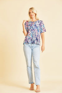 Short Sleeve Yellow Lilly Floral Scoop Neck Top in Navy/Purple