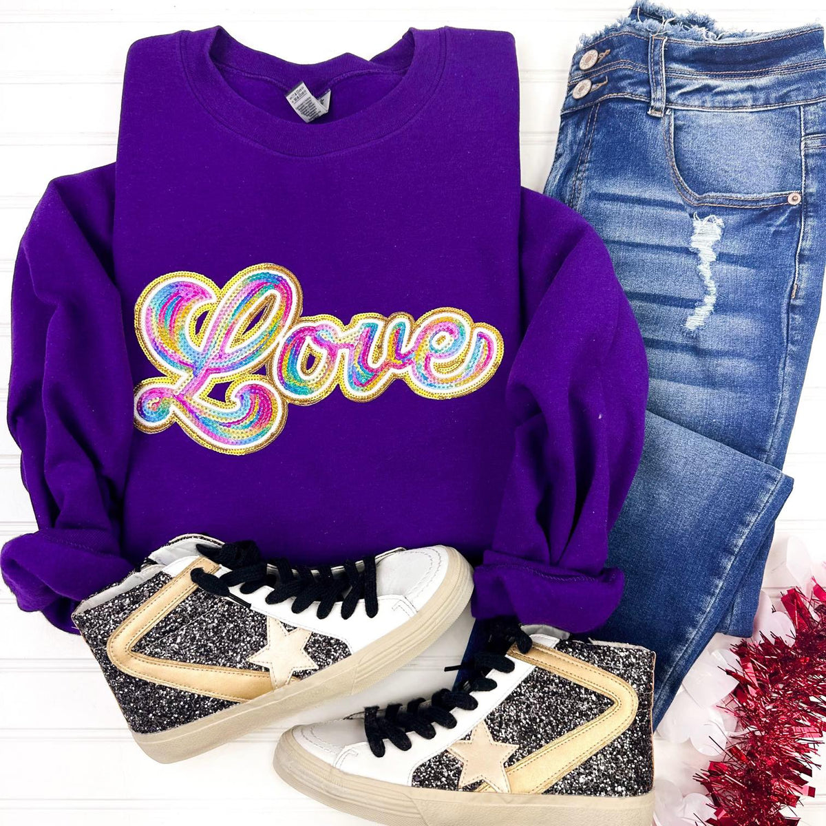 Sequin Patch Rainbow Love Sweatshirt