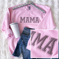 PREORDER: Mama Embroidered Glitter Sweatshirt in Pink