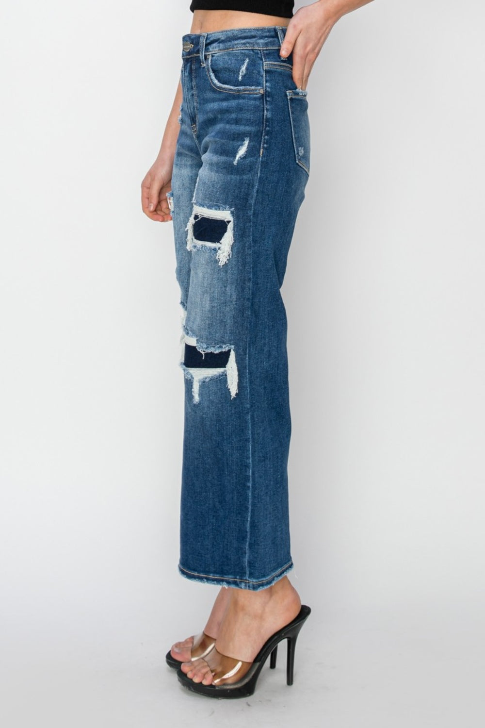 Lucy Risen High Rise Patch Detailed Wide Leg Crop Jeans