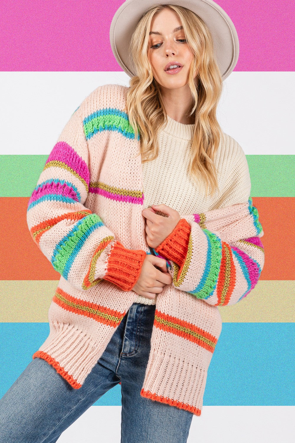 Cecilia Rainbow Striped Open Front Knit Cardigan