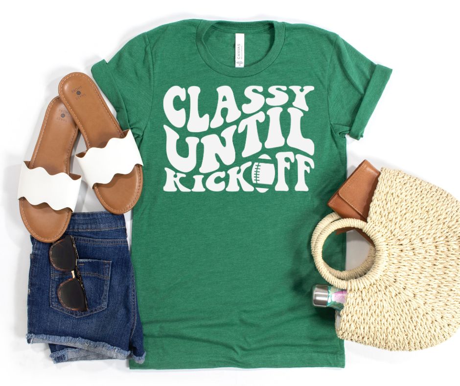 Classy Until Kickoff Graphic Tee in 10 Colors