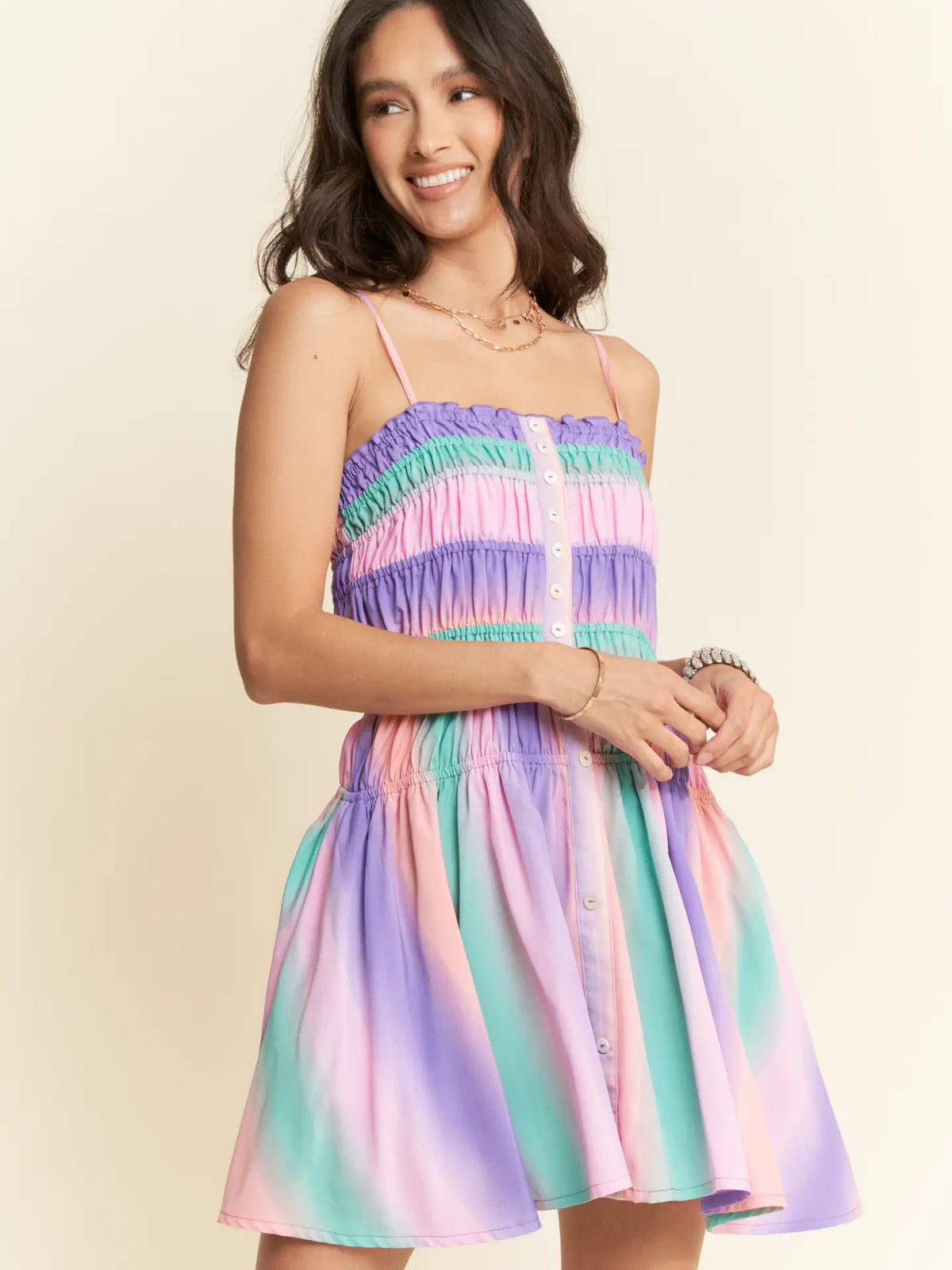 Multi Color Ombre Printed Bodice Button Up Dress