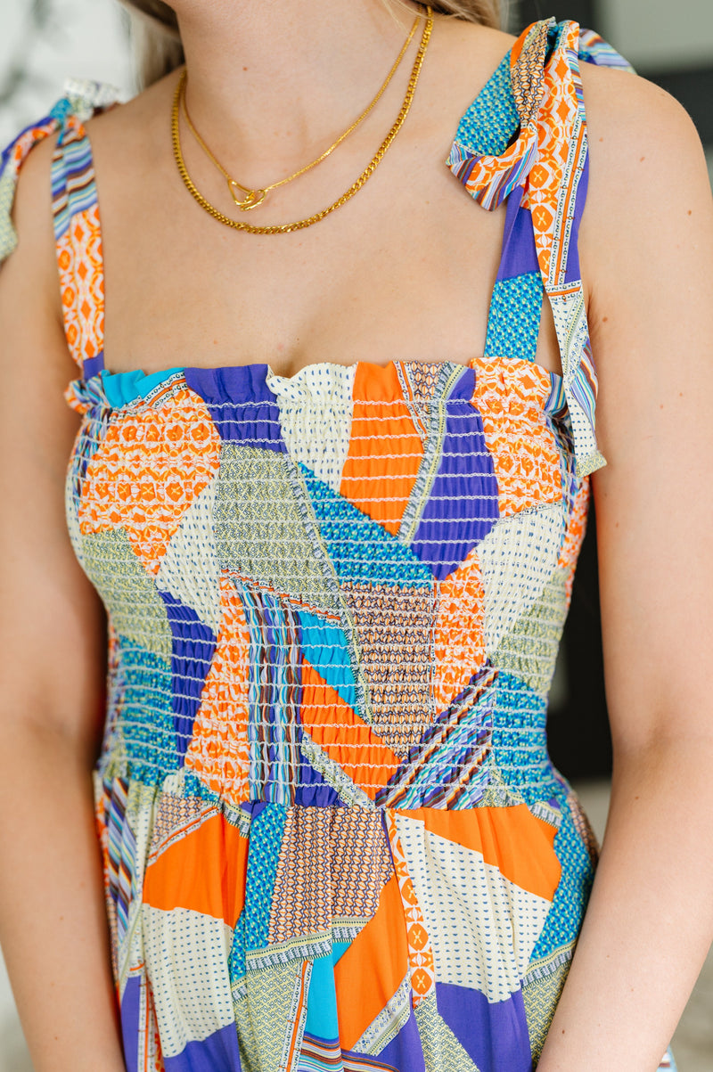 Paint Me Pretty Square Neck Dress in Lime, Blue and Tangerine