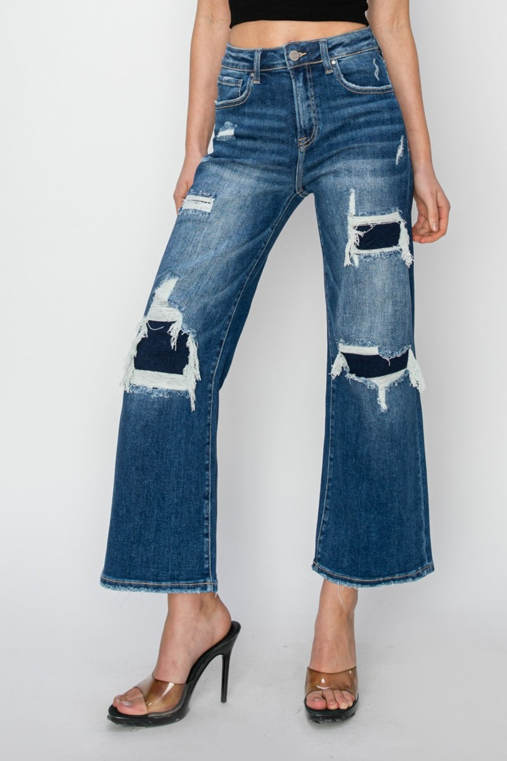 Lucy Risen High Rise Patch Detailed Wide Leg Crop Jeans
