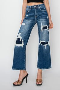 Lucy Risen High Rise Patch Detailed Wide Leg Crop Jeans