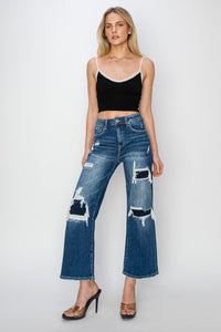 Lucy Risen High Rise Patch Detailed Wide Leg Crop Jeans