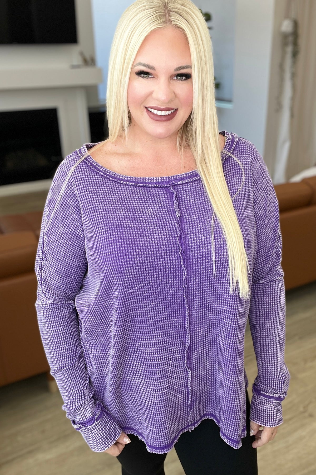 Mineral Wash Baby Waffle Long Sleeve Top in Violet