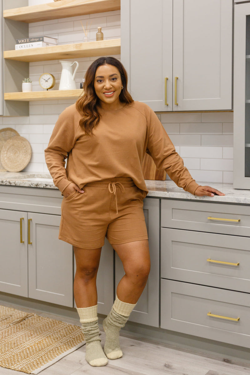 Long Sleeve Sweatshirt Top & Shorts Set In Camel