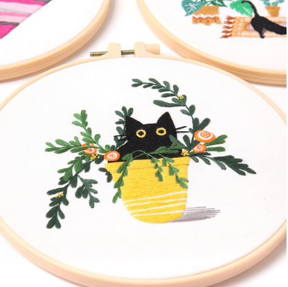 Cute Cat Embroidery Kit Yellow Pot