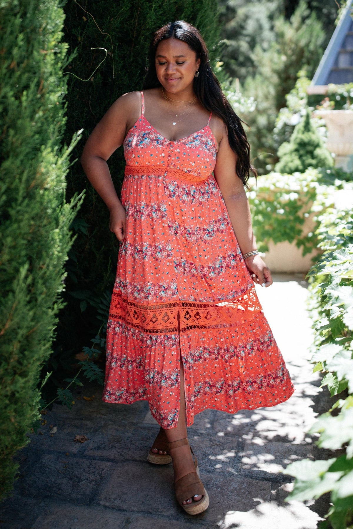 Stripes In Bloom Dress in Coral