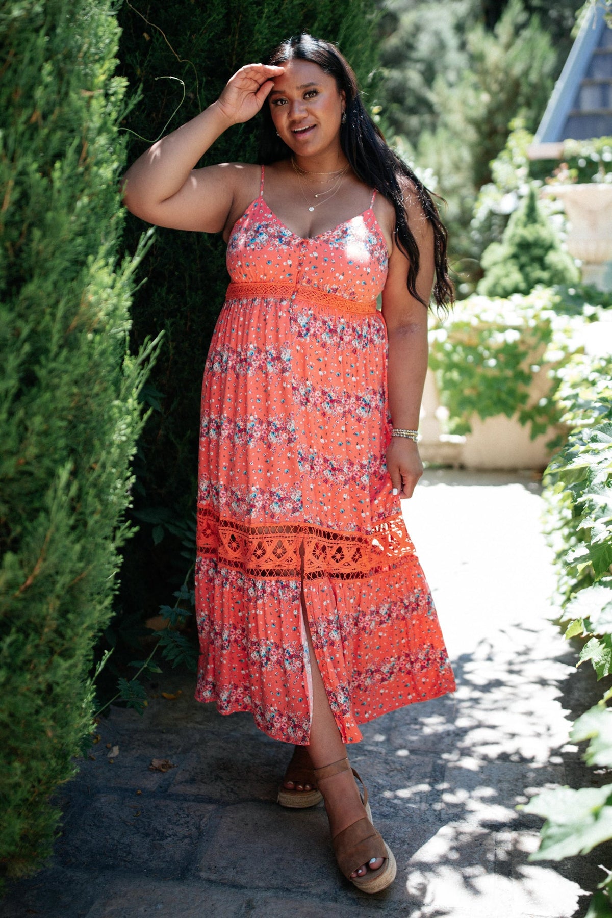 Stripes In Bloom Dress in Coral