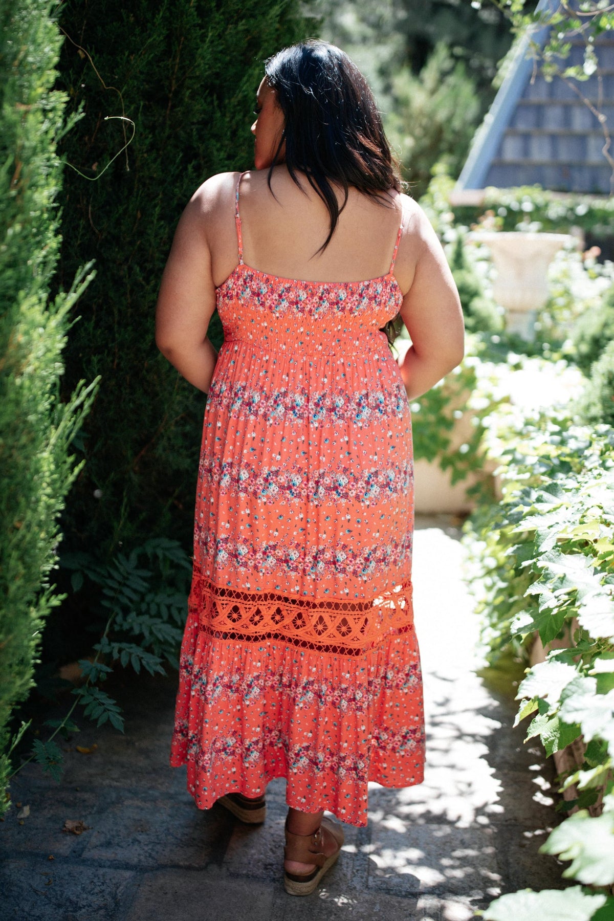 Stripes In Bloom Dress in Coral