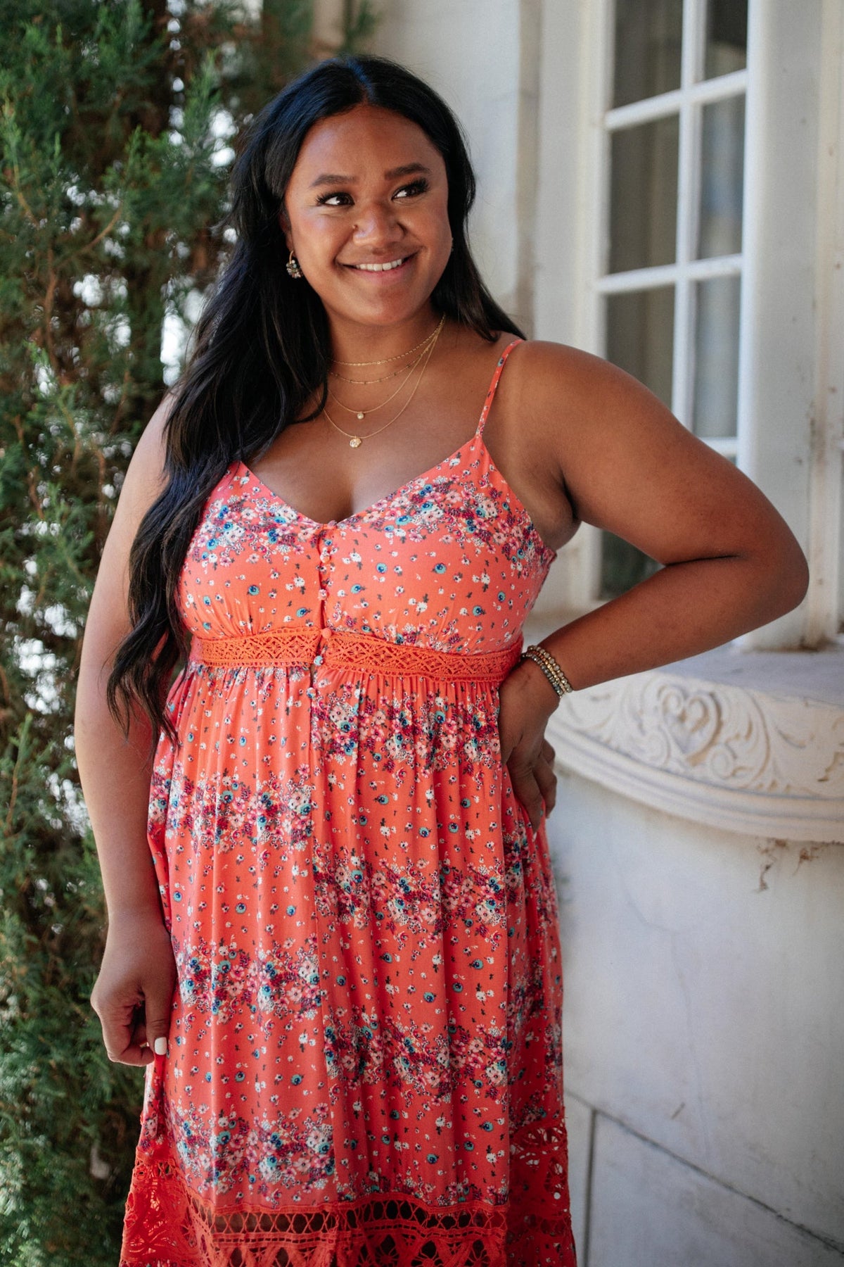 Stripes In Bloom Dress in Coral