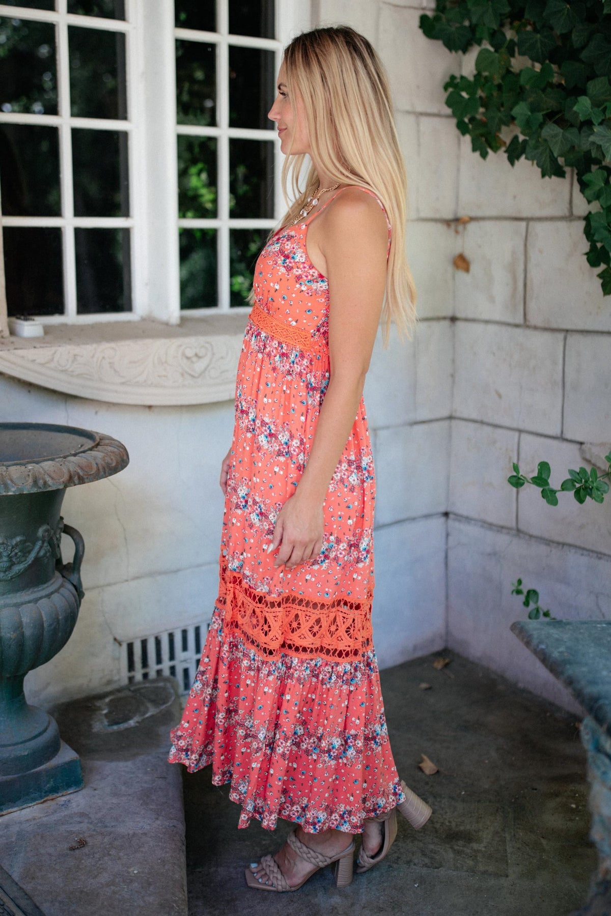 Stripes In Bloom Dress in Coral