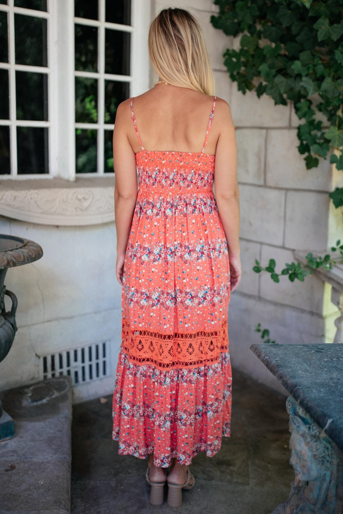 Stripes In Bloom Dress in Coral